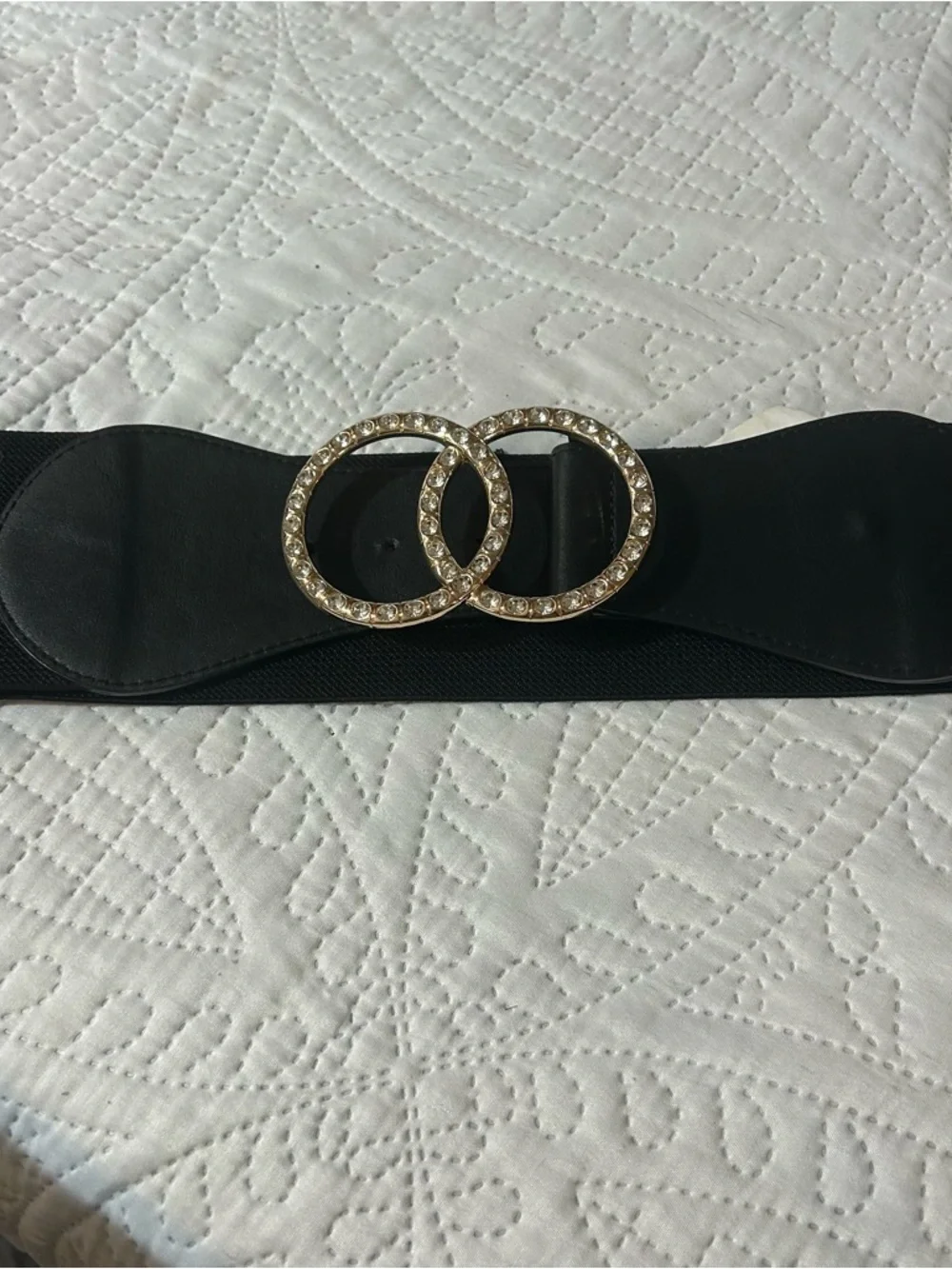 Crystal Double Ring Women’s Stretch Belt Gold & Black Size L/XL Retail $48
